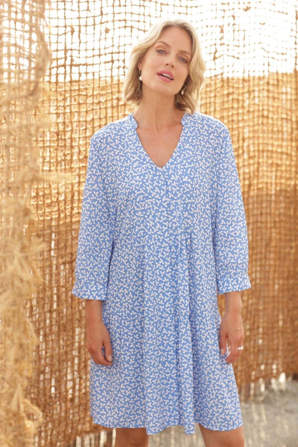 Blue/White Ditsy Pattern Dress With Button