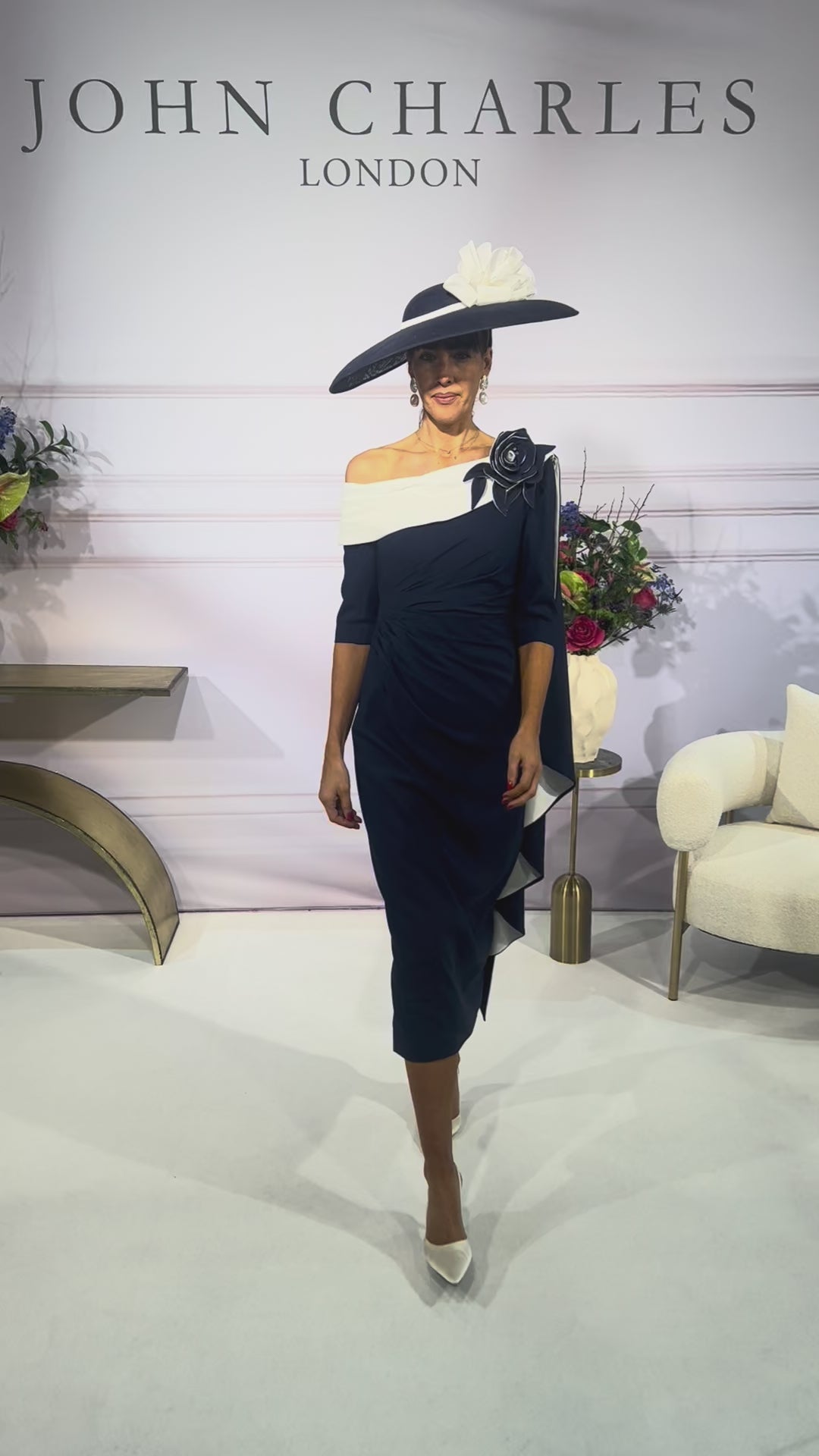 Navy and Ivory Midi Dress with Cape Detail