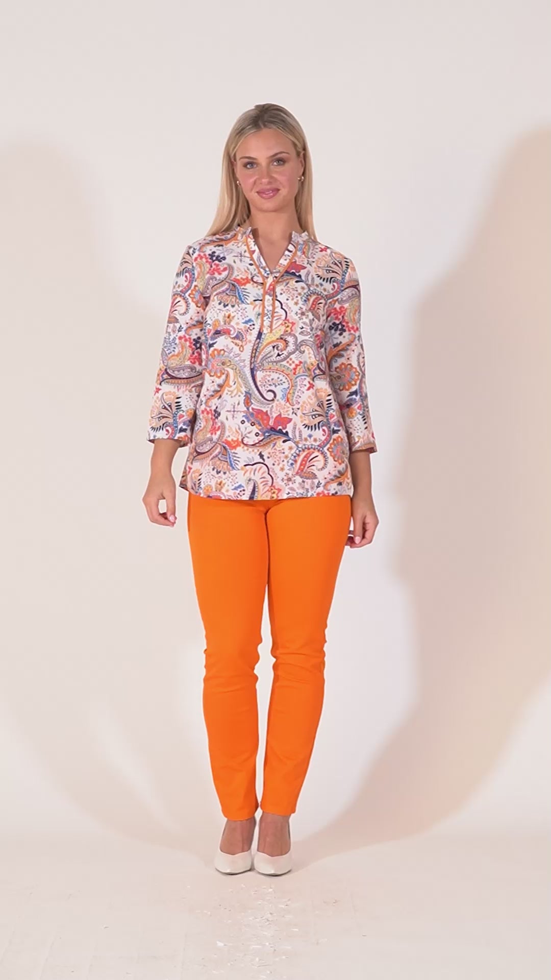 Tiara Printed Top With Grandfather Collar - White & Orange