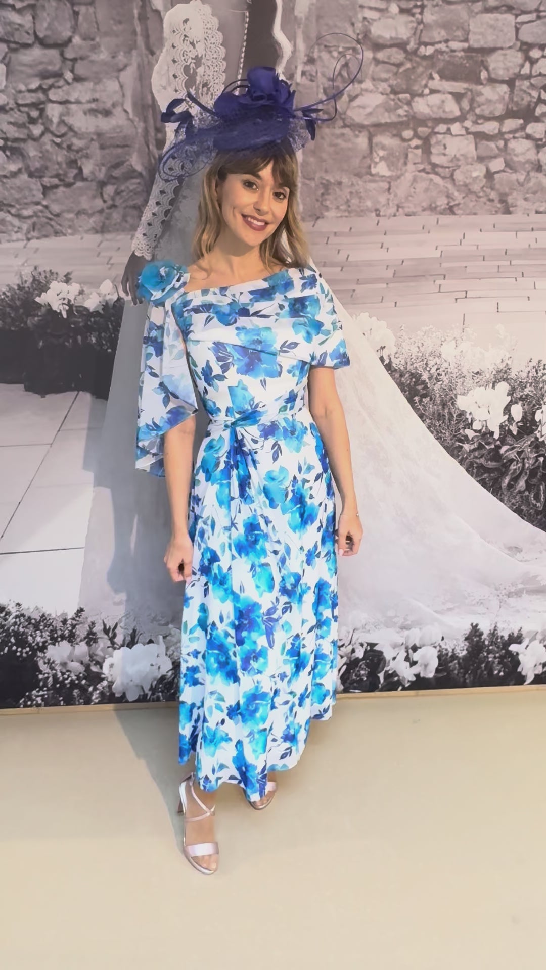 Cobalt Blue Floral Midi Dress with a Wrap Neckline with Cape Sleeves – La Creme Boutique