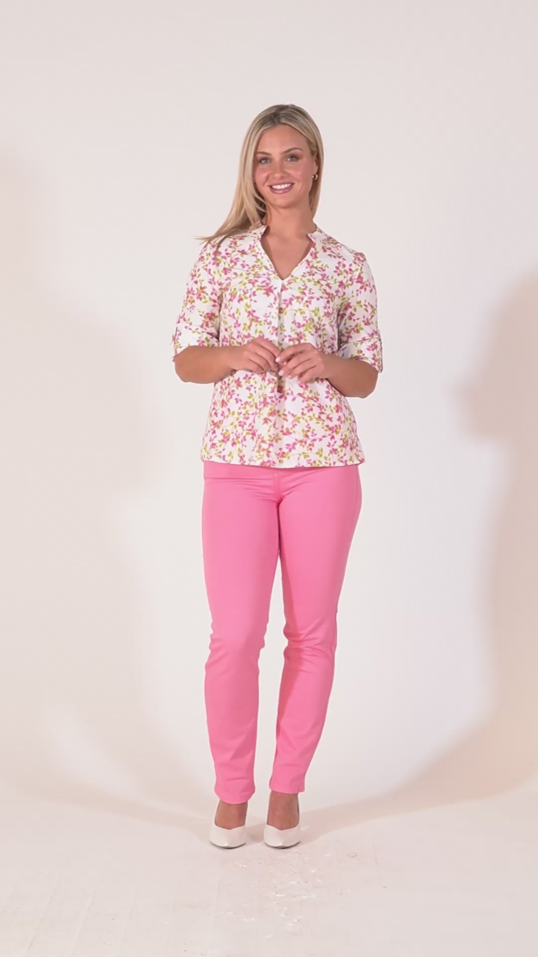 Raven Printed Top With Grandfather Collar - Pink & Green