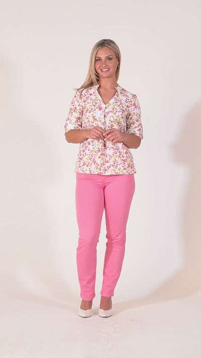 Raven Printed Top With Grandfather Collar - Pink & Green