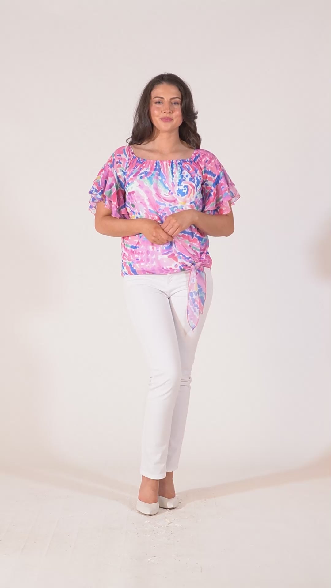 Pippa Gathered Round Neck Top With Tie Hem - Pink