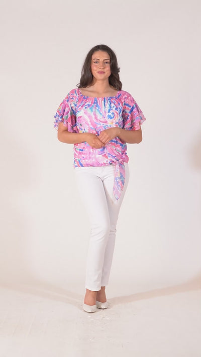 Pippa Gathered Round Neck Top With Tie Hem - Pink