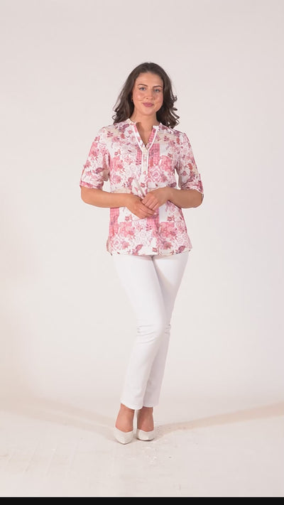 Tiara Printed Top With Grandfather Collar - Red & White