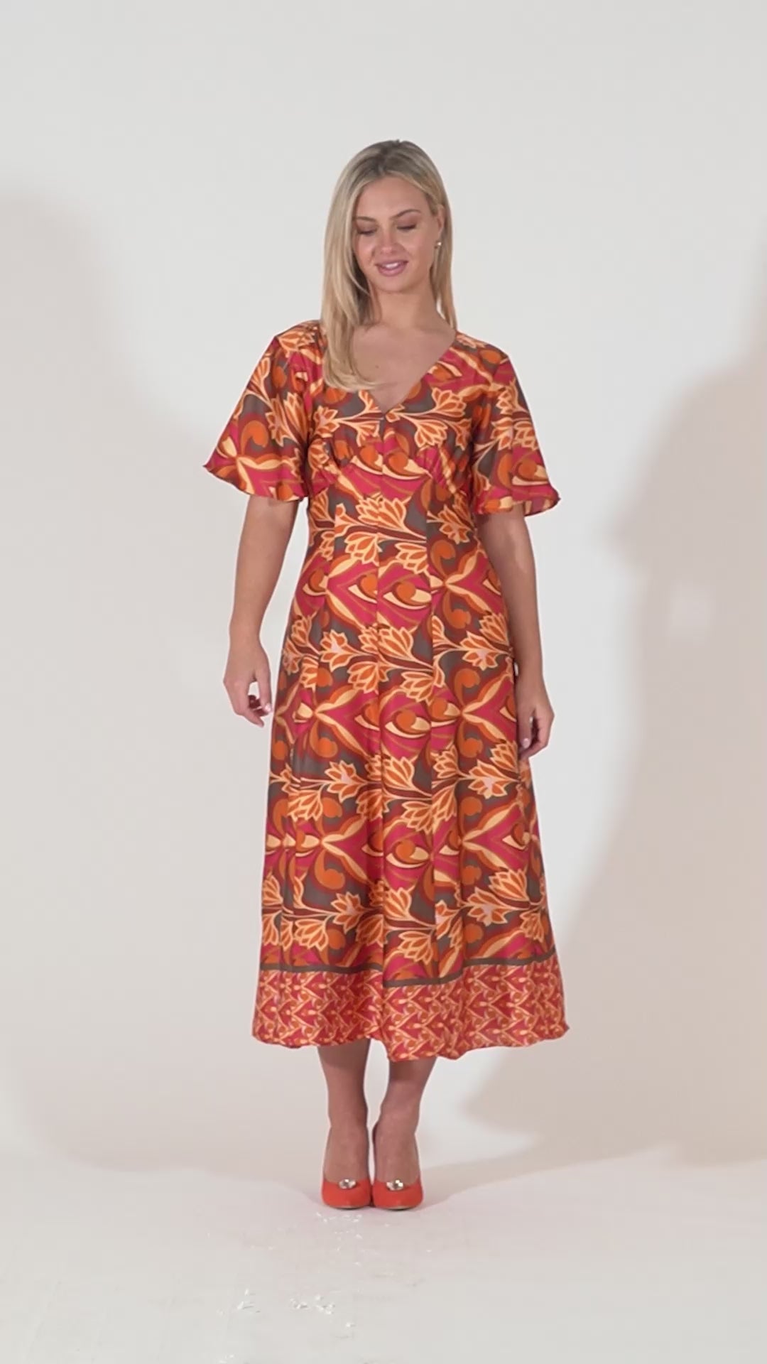 Caprice V-neck Dress with Empire Waist and Loose Half Sleeves - Orange & Red