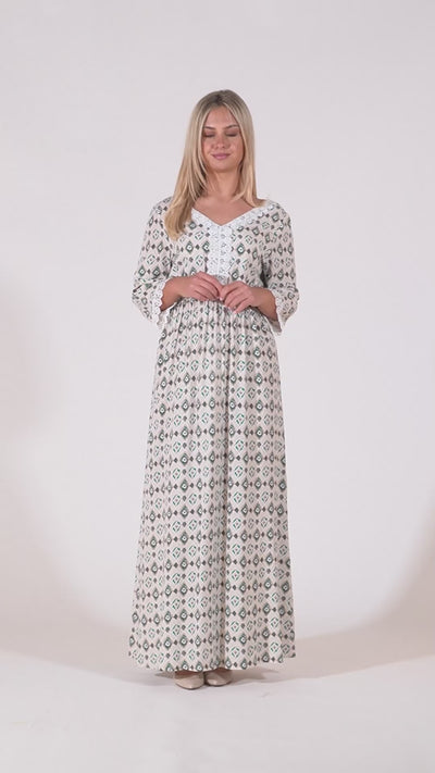 Fleur Maxi Dress With Lace V-Neck Detailing - Green & Brown
