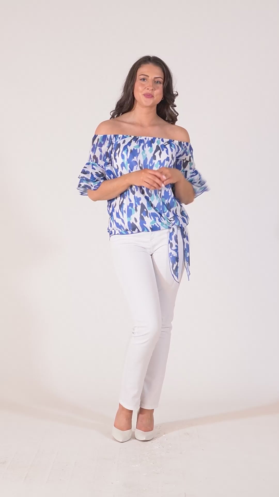 Pippa Gathered Round Neck Top With Tie Hem - Blue Pastel