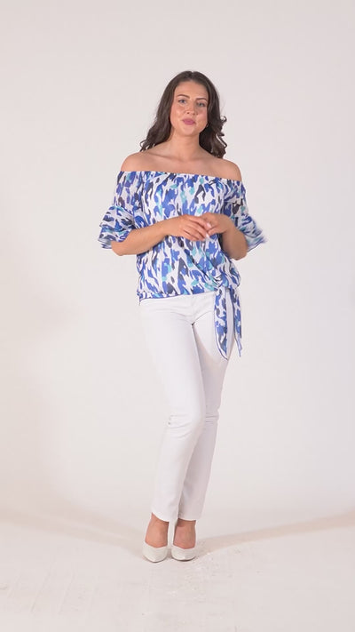 Pippa Gathered Round Neck Top With Tie Hem - Blue & Green