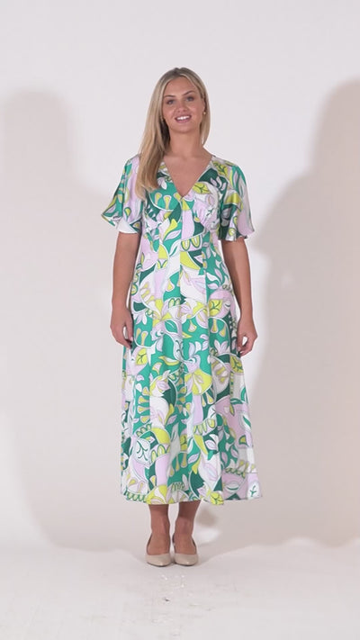 Caprice V-neck Dress with Empire Waist and Loose Half Sleeves - Green & White