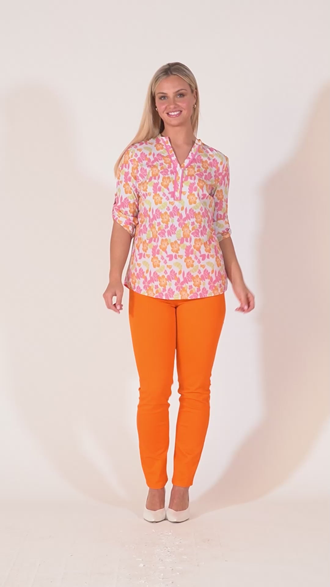 Tiara Printed Top With Grandfather Collar - Orange & Pink