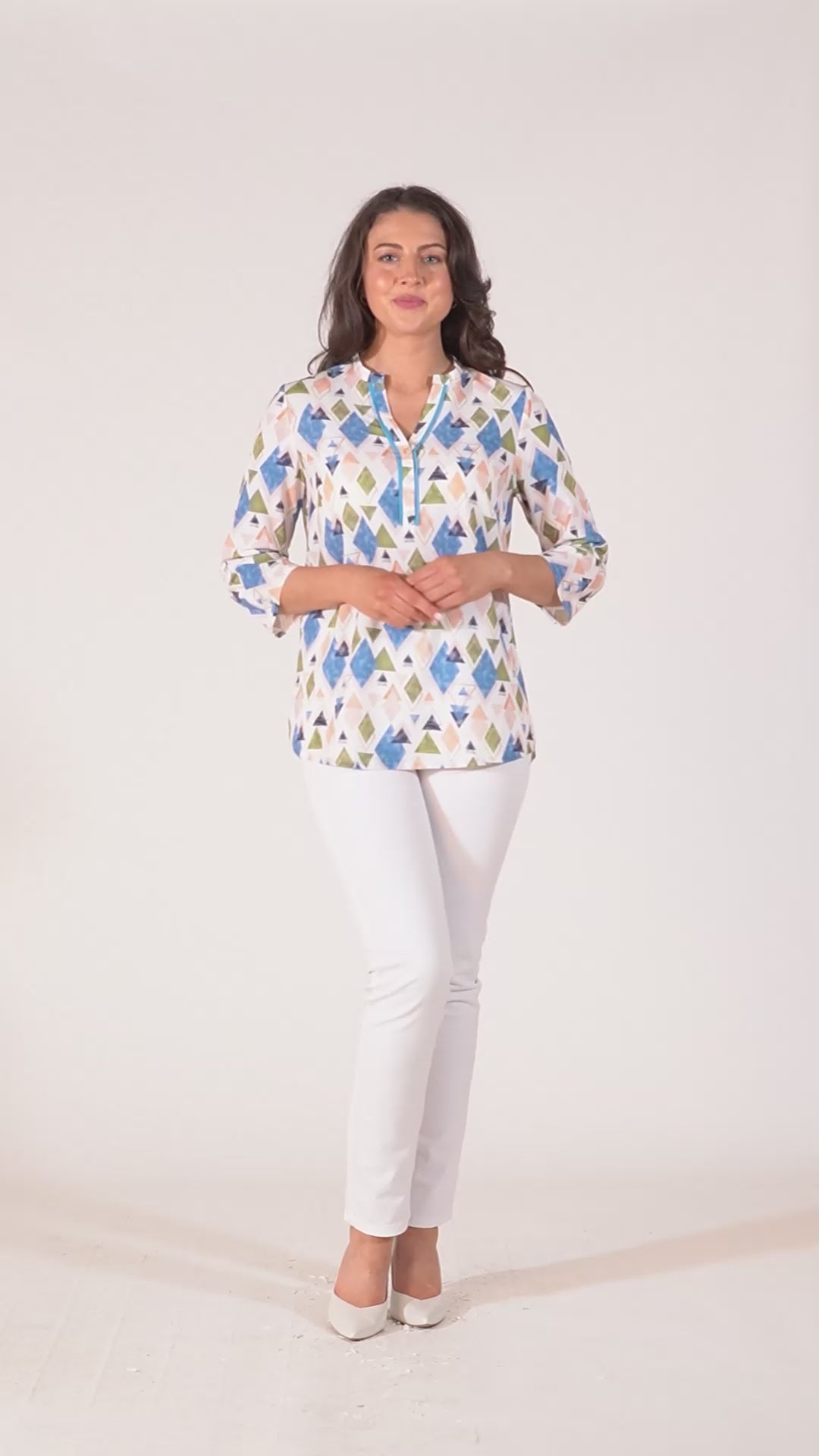 Tiara Printed Top With Grandfather Collar - Blue & Green