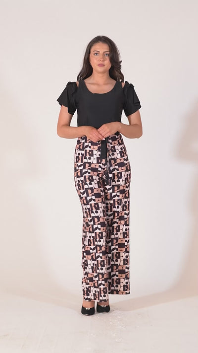 Nova Contrast Print Jumpsuit With Belt - Brown