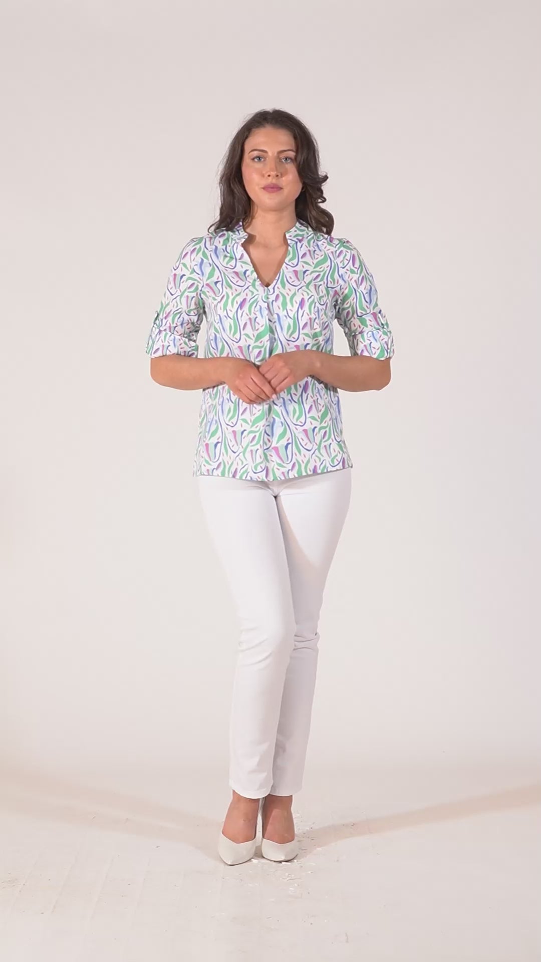 Raven Printed Top With Grandfather Collar - Pink, Green & Blue