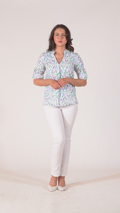 Raven Printed Top With Grandfather Collar - Pink, Green & Blue