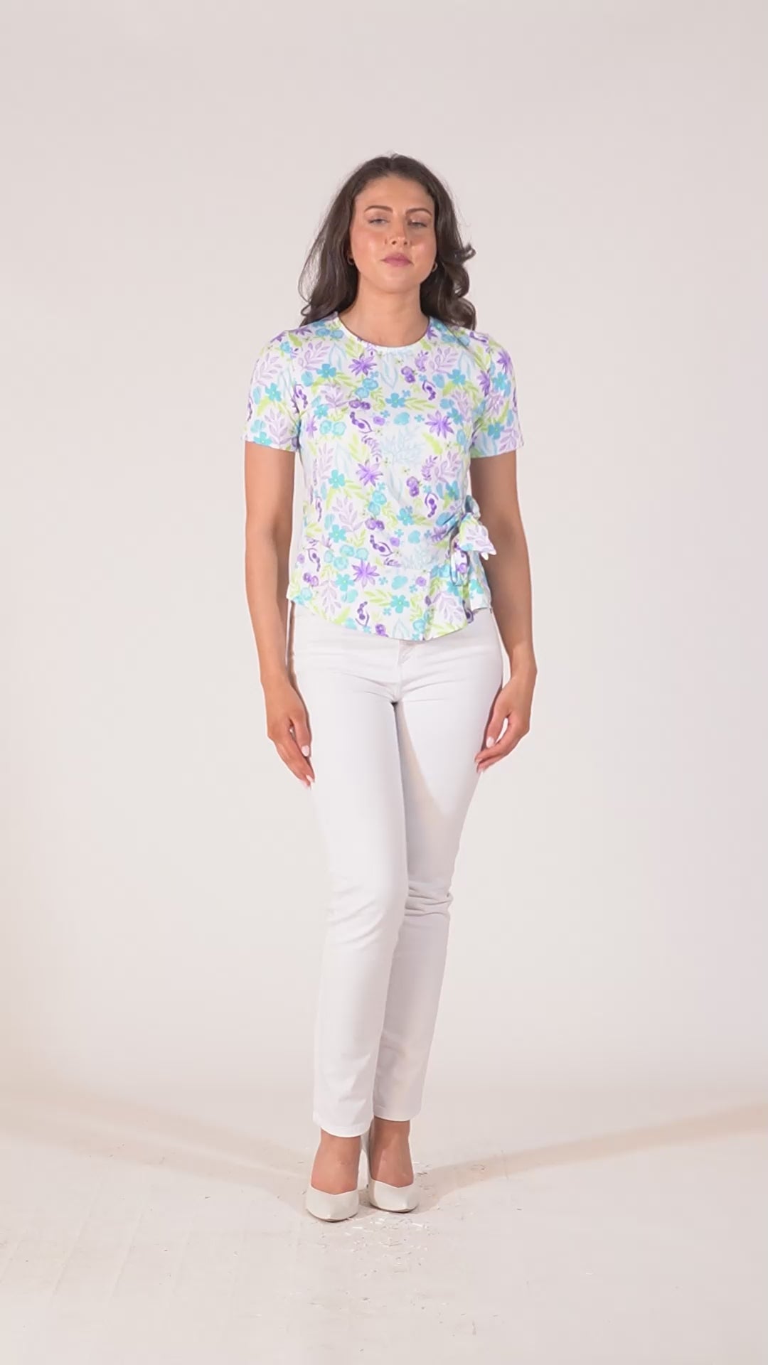 Esper Printed Top With Tie Hem and Short Sleeves - Purple & Green