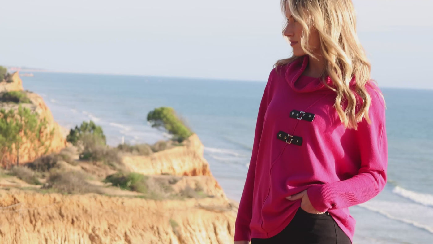 Pink Turtleneck Jumper with Diagonal Piping and Buckle Detailing