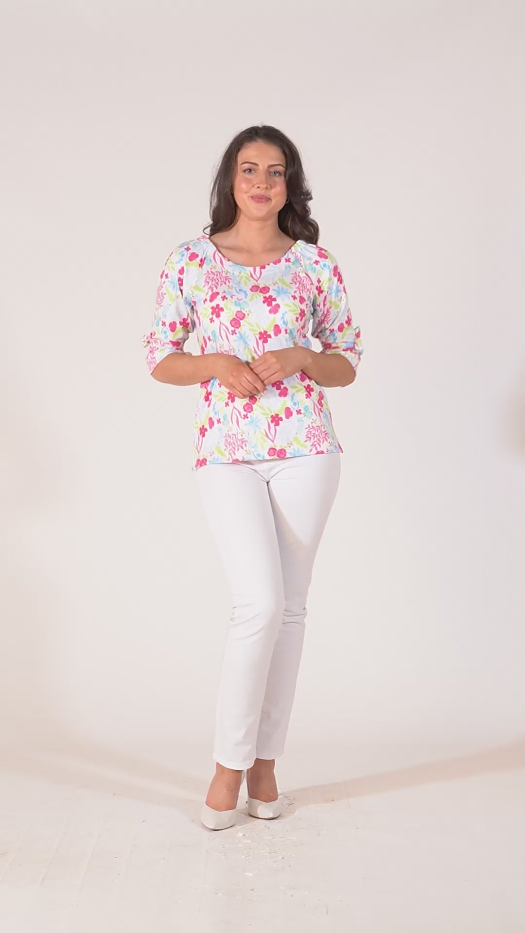 Olie Printed Long Sleeve Top With Round Neck - Pink & Baby Blue