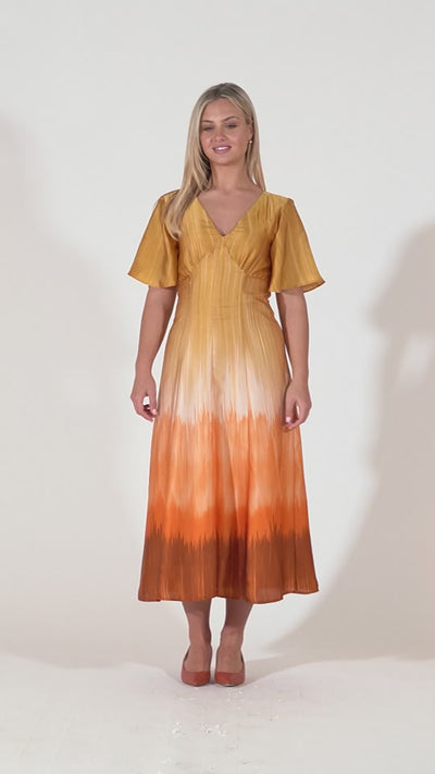 Caprice V-neck Dress with Empire Waist and Loose Half Sleeves - Orange Gradient