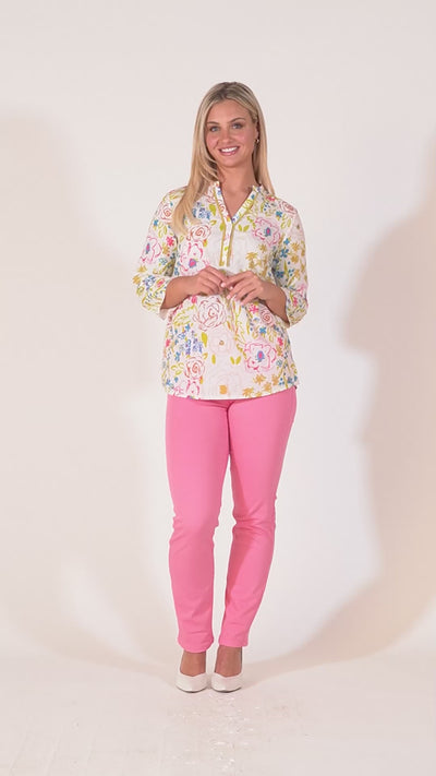 Tiara Printed Top With Grandfather Collar - Pink & Green