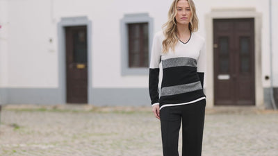 Cream, Black & Grey Striped V-Neck Jumper