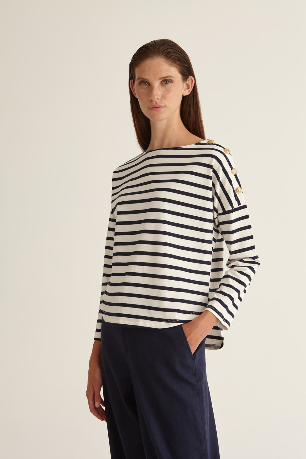 Navy & White Long Sleeved Top With Button Detail