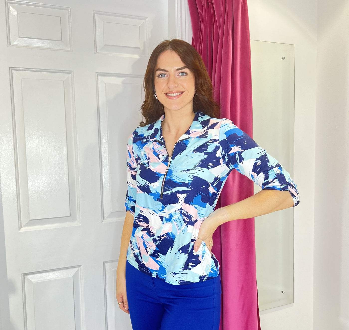 Multi Blue Shirt Top With Collared Zip and 3/4 Sleeves