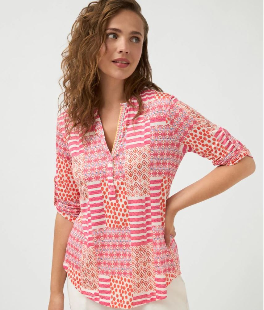 Pink/Orange "Liz" Multi Print Top with Crochet Detail on Collar