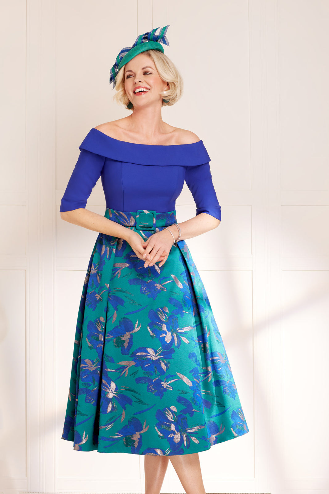 Peacock Floral Pattern Off Shoulder Bardot  Dress with Belt Detail