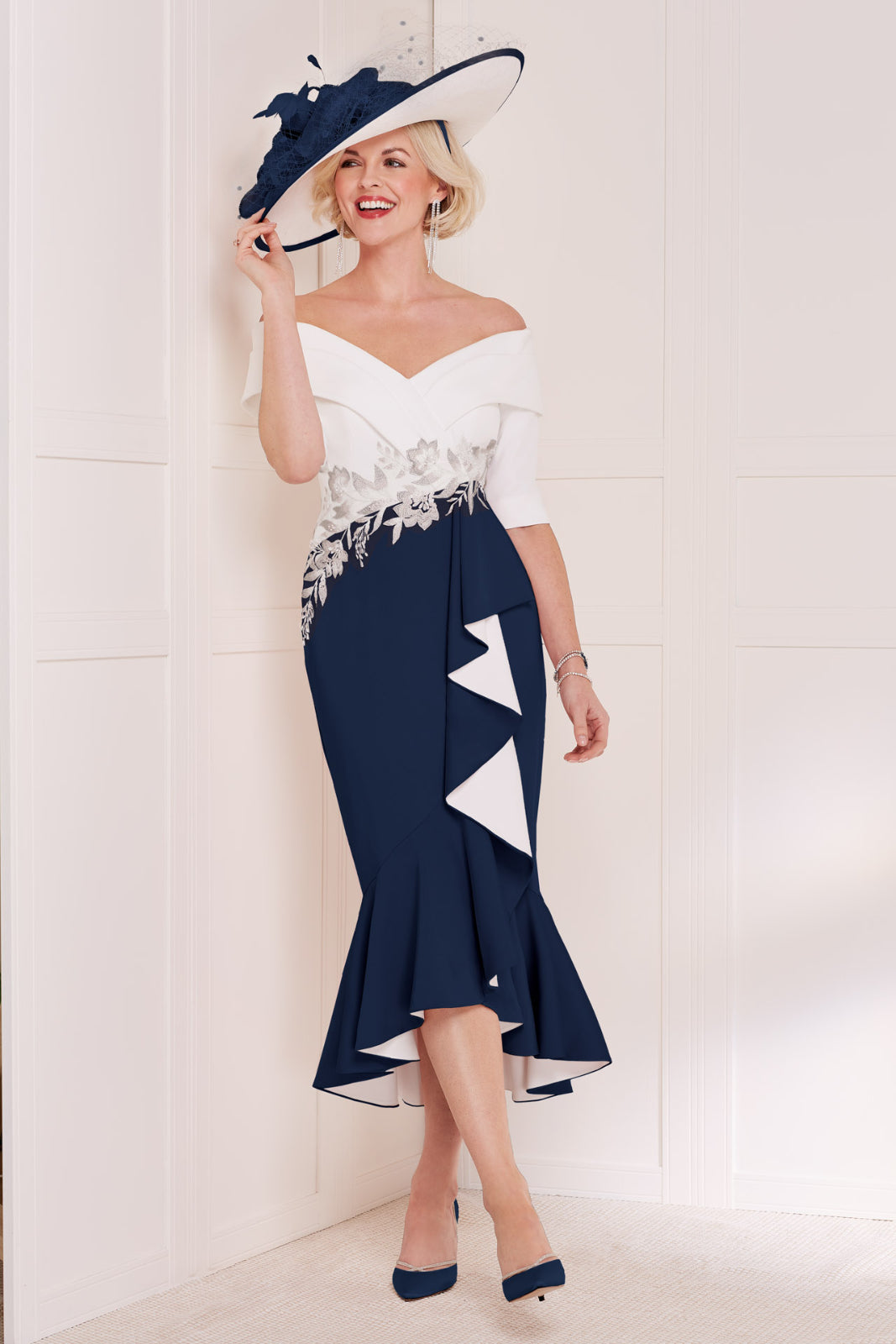 Navy and Ivory Bardot Dress with Waterfall Skirt and Beaded Detail