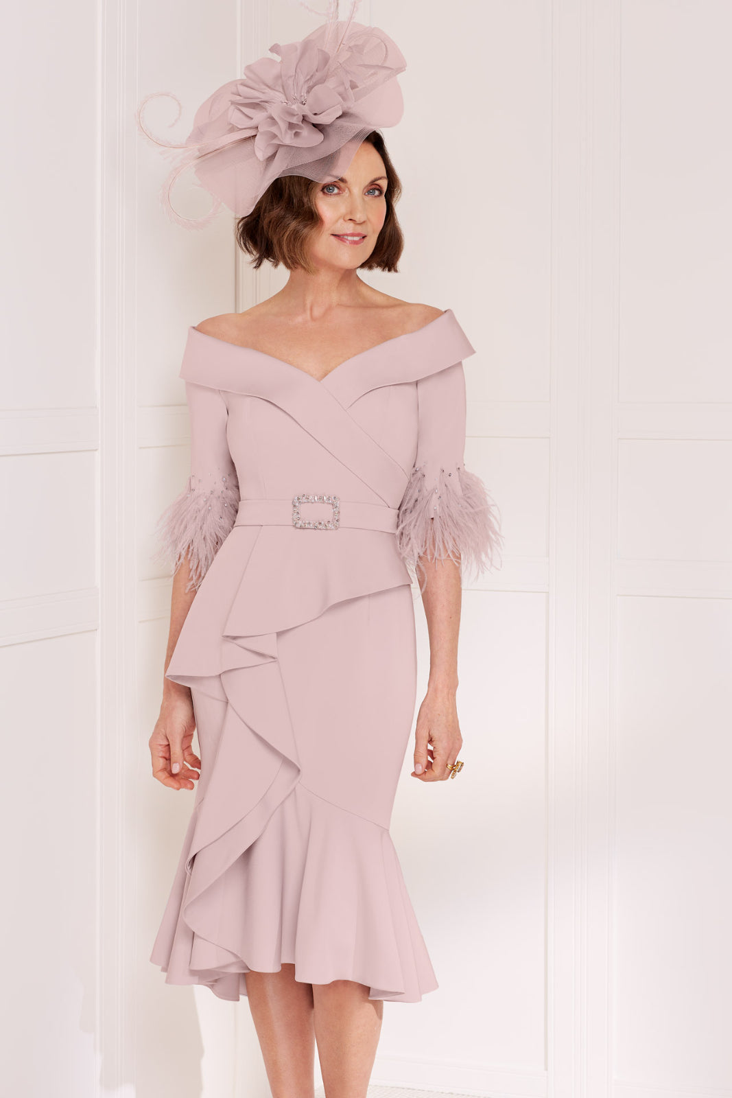 Rose Coloured Bardot Dress with Waterfall Skirt and Feather and Beading Detail