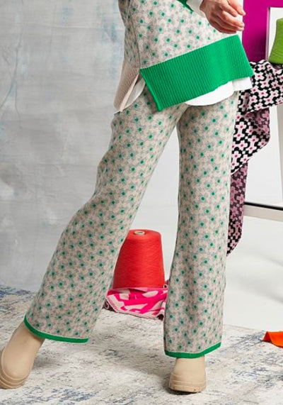 Grey Wide Leg Knit Trousers with Green & Beige Accents