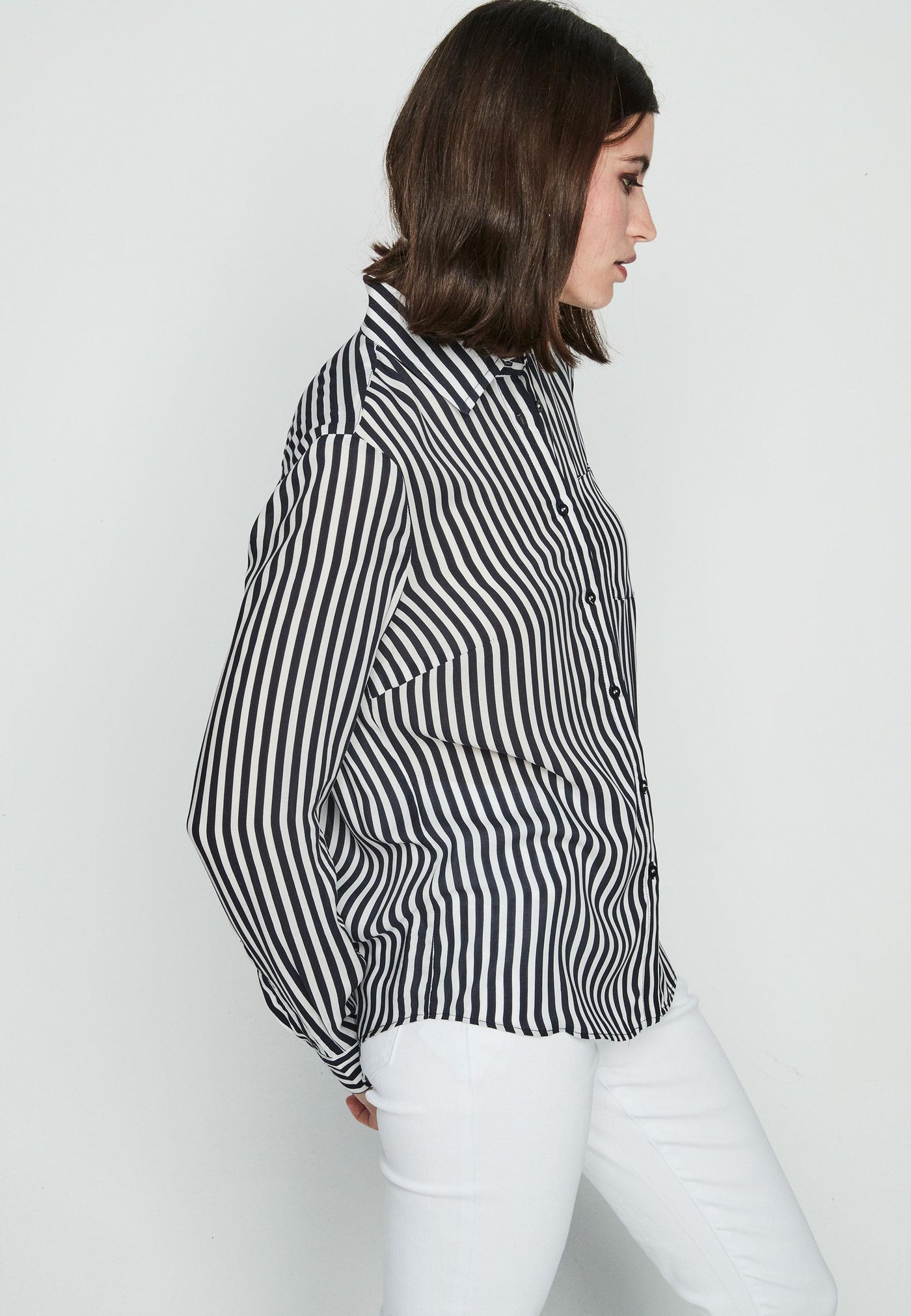 Navy & White Stripe Shirt With Pocket & Button Cuff Detail