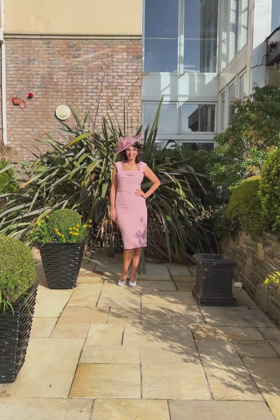 Blush Pink Dress with Multi-Coloured Pattern with Bow Detail