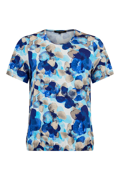 Blue Multiprint Top With Round Neck and Elasticated Waistband