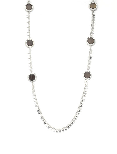 Long Silver Necklace with Brown Stones