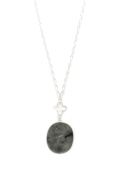Long Silver Necklace with Grey Semi Precious Pendant