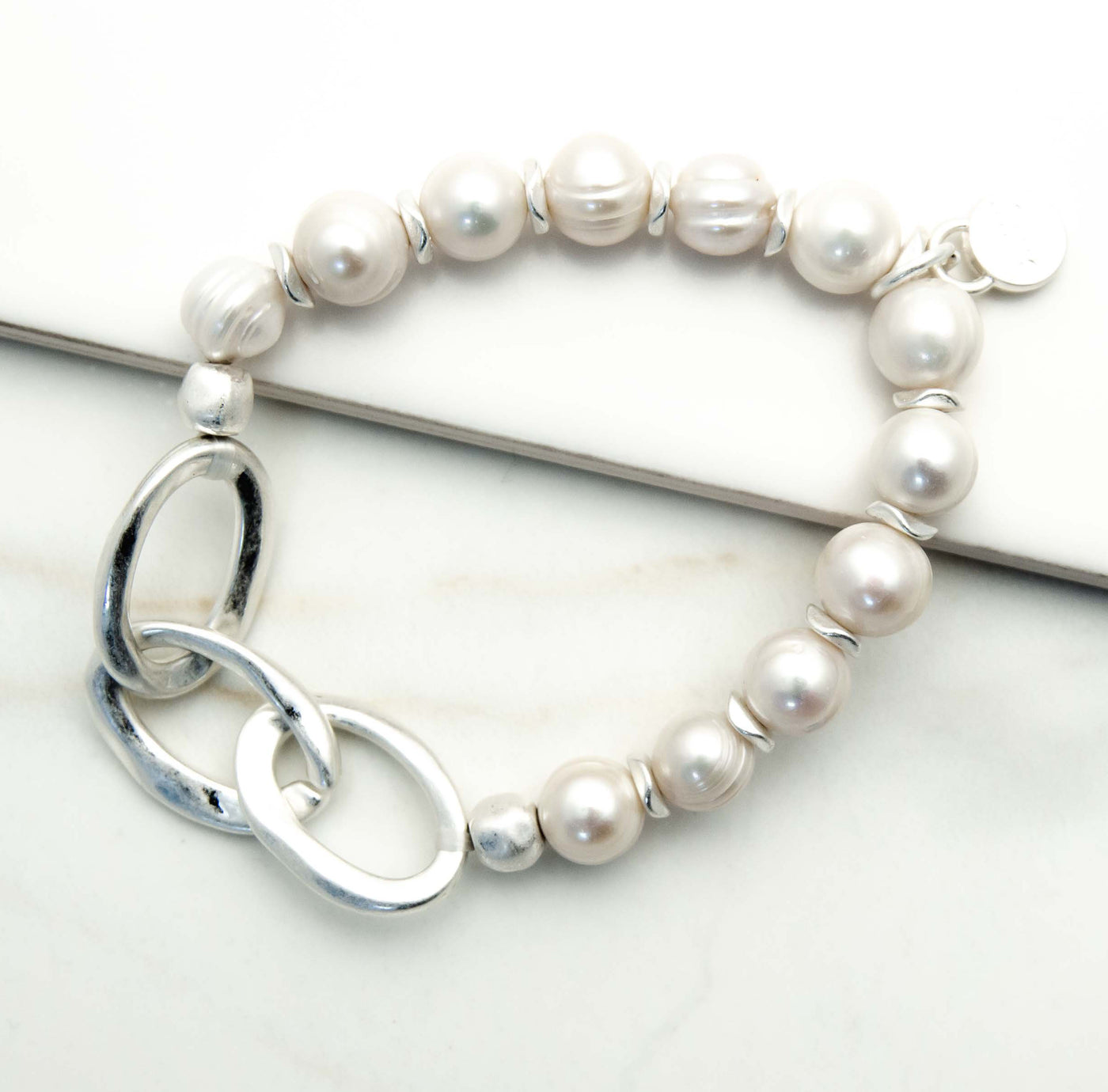 Freshwater Pearl and Silver Chain Link Stretch Bracelet