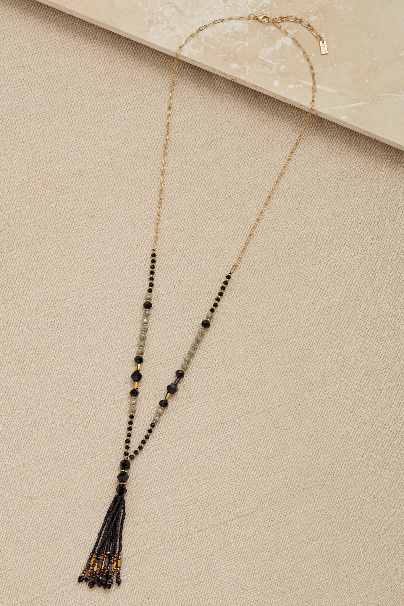 Long Gold and Black Necklace with Beaded Tassel
