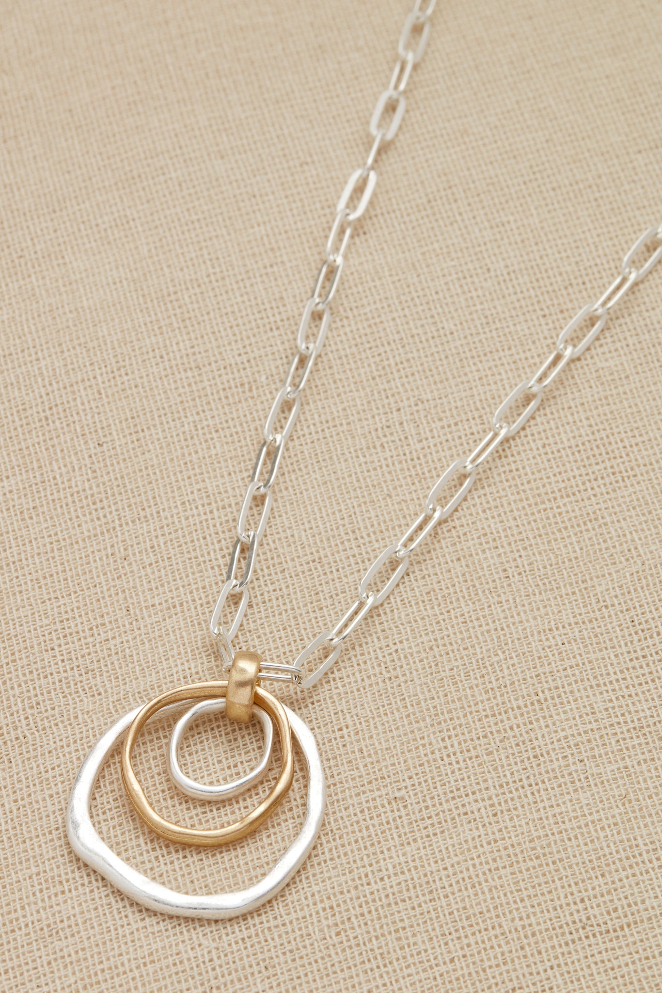 Long silver Necklace with Two-Tone Open Circles Pendant