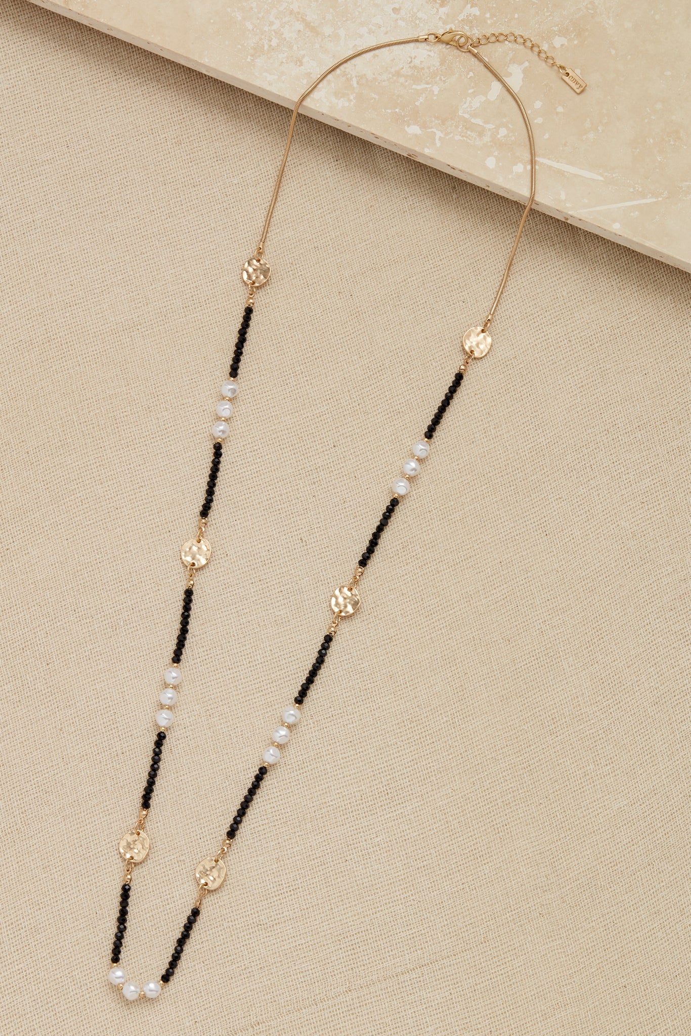 Long Black Gold and Pearl Beaded Necklace