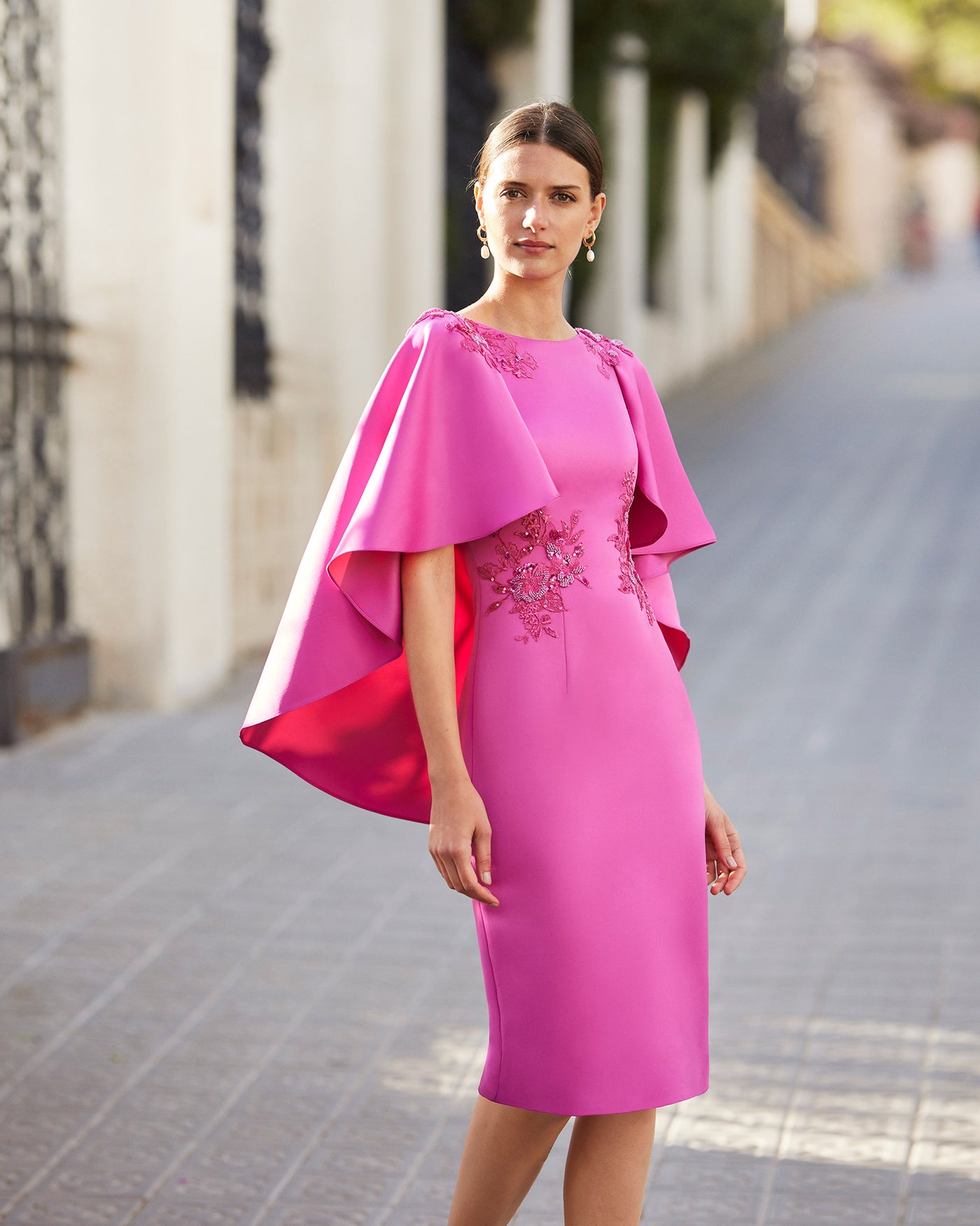 Magenta Dress with Draped Back and Floral Detail