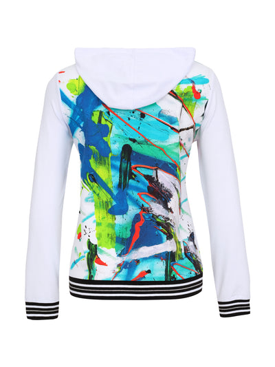White Zip Up Hooded Jacket with Multicoloured Design