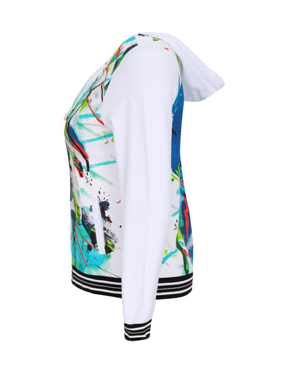 White Zip Up Hooded Jacket with Multicoloured Design