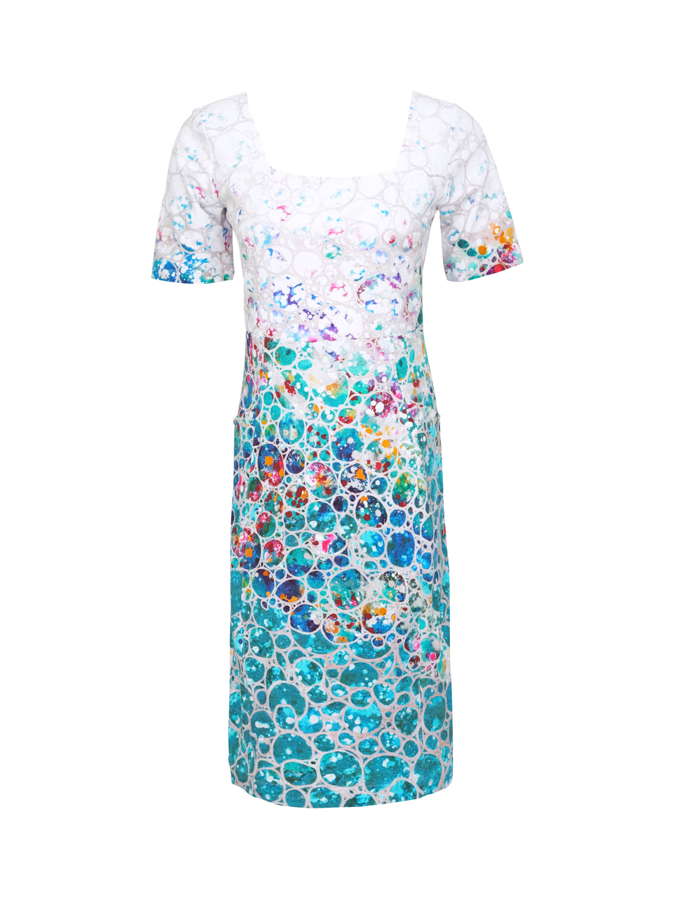 Multicoloured Dress with Square Neck and Pockets