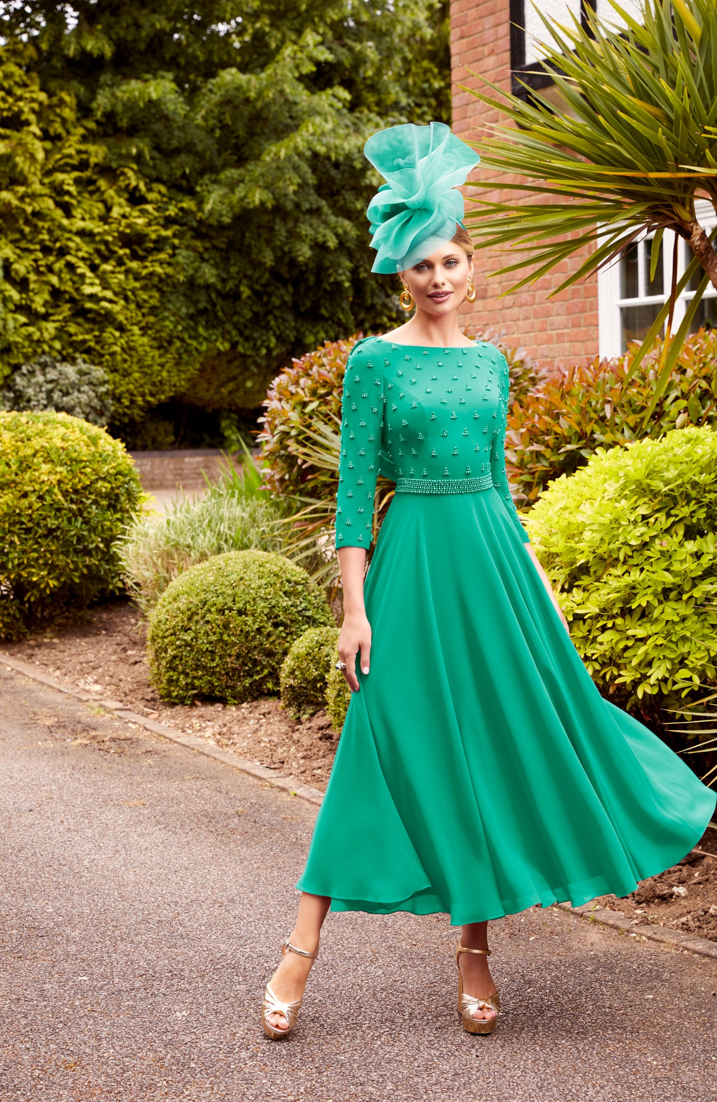 Shamrock Green Dress with Chiffon Skirt and Pearl Detail
