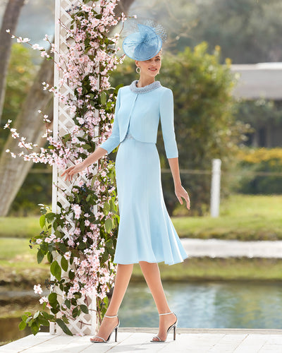 2-Piece Blue Dress and Jacket Set with Pearl Detail