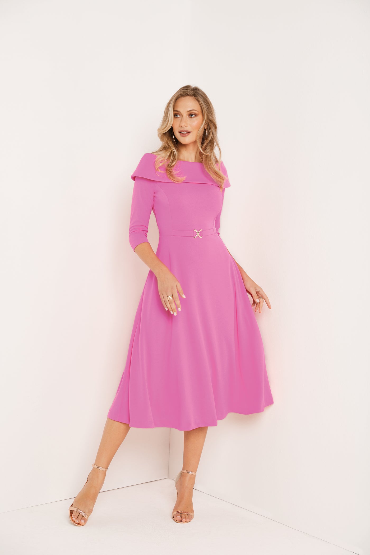 Pink Dress with Belt Detail and 3/4 Sleeves