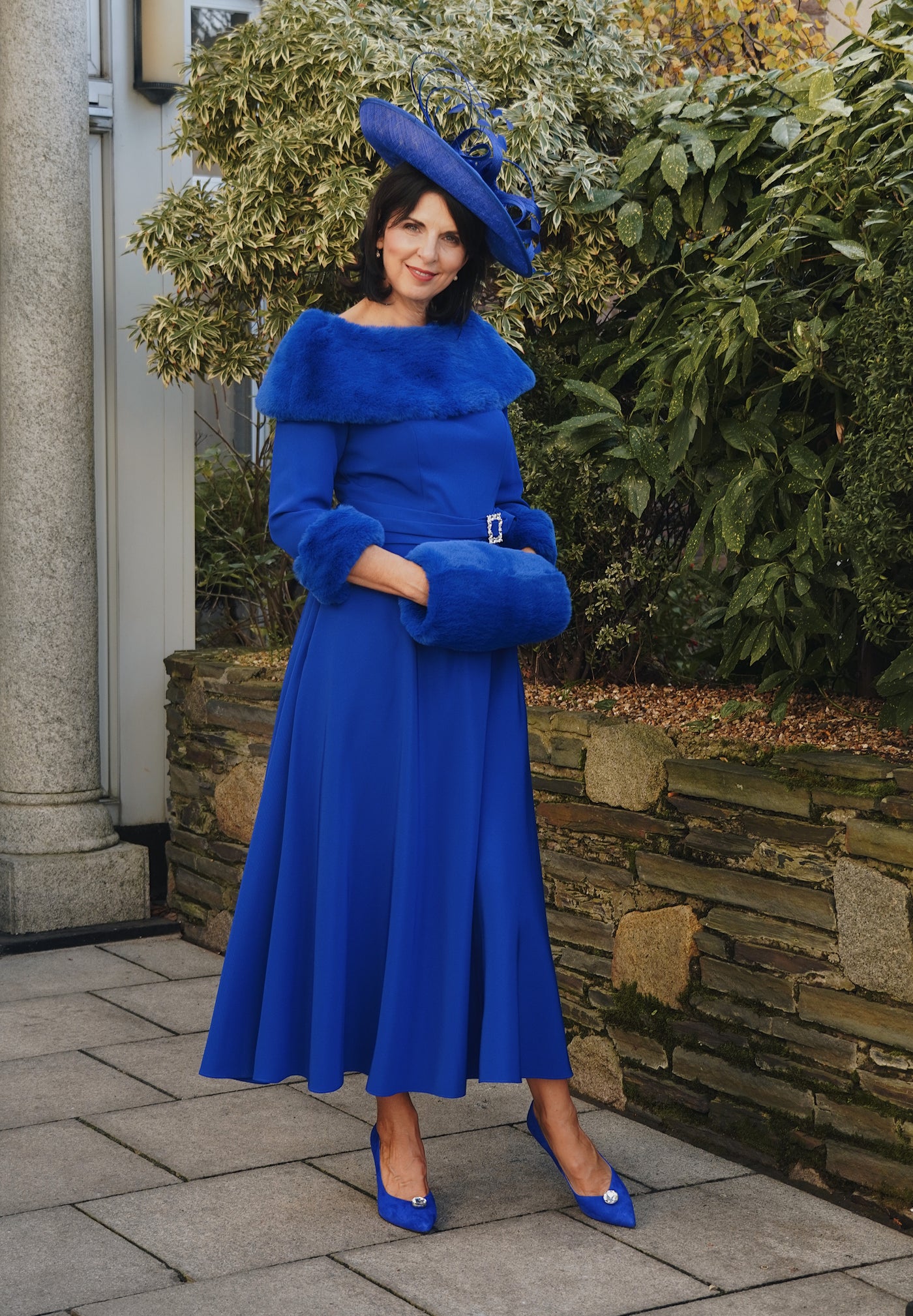 Royal Blue Dress With Faux Fur Accessories