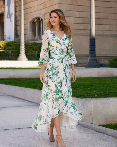 Ivory and Emerald Green Dress with Floral Print